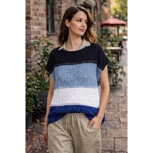 Lafayette 148 Womens Open Knit Oversized Sweater Striped Cotton Silk Size XL‎